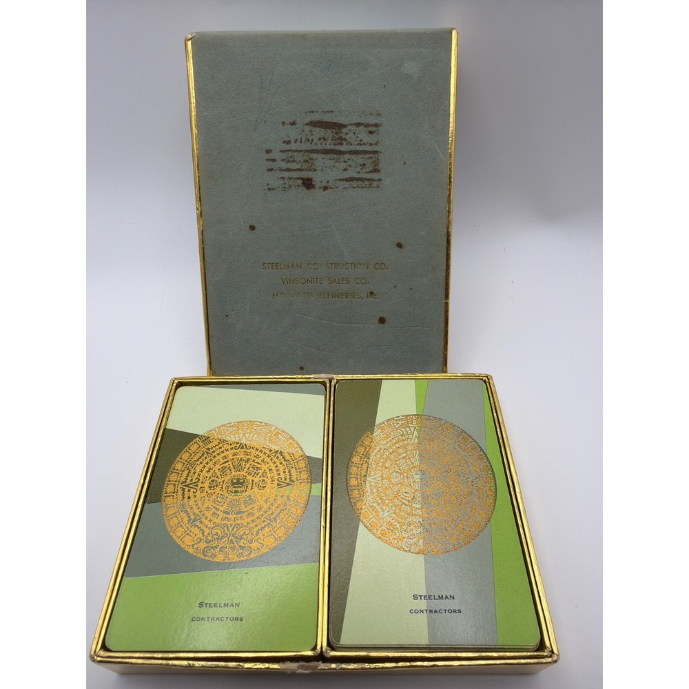 Vintage Steelman Construction Aztec Calendar Playing Cards Double Deck MCM Box